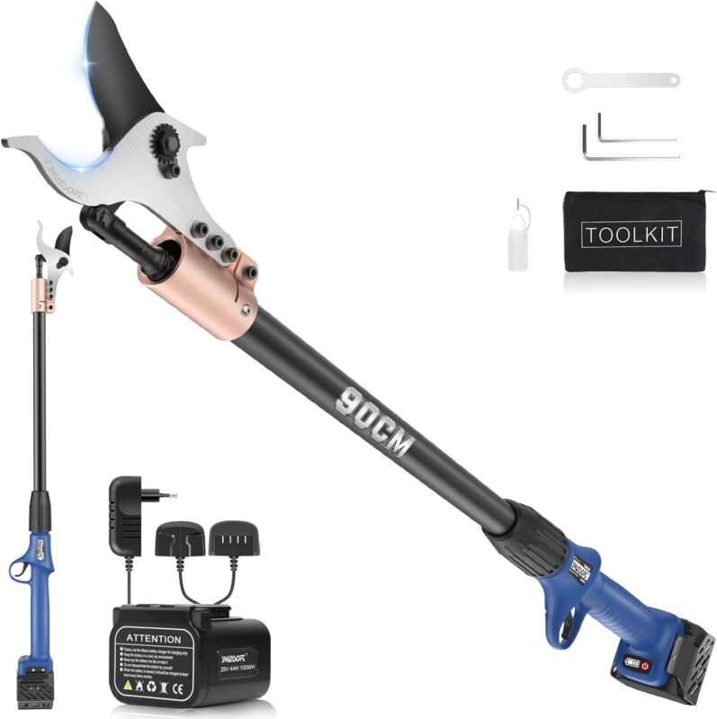 SWANSOFT Elektrische Astschere mit Stab, 40mm 25.2V /4+4Ah Akku-Schere mit 1050W bürstenlosem Motor Professionelle Akku-Schere, SW-921-1 (0,9 Meter hoch)