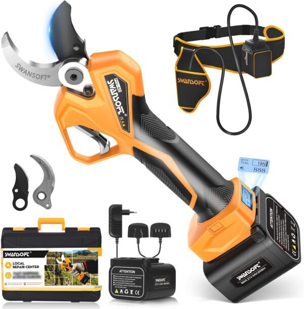 [All-Purpose Flagship Model] SWANSOFT PRU40 Battery Pruning Shears, 40 mm, 21 V, 1050 W, 4 Ahx2 Secateurs, Powerful Electric Garden Shears for Precise Tree Pruning, Rose Cuttings and Vines